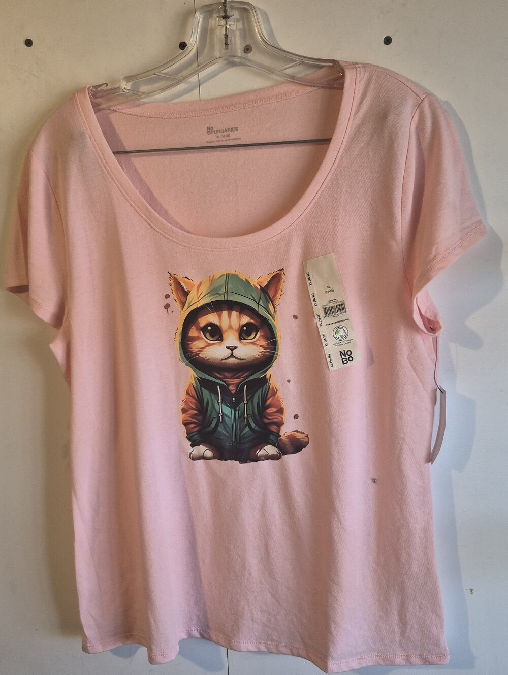NWT No Boundaries XL (16-18) Women’s Pink Shirt With Cat In Hoodie Iron-on